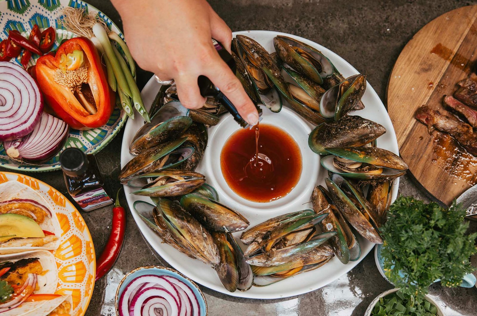 Easy steamed mussels dipped in Tamarillo Vinegar